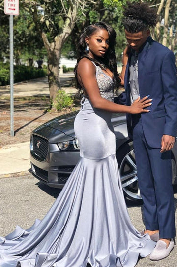 STRETCH SATIN V-NECK EVENING MAXI DRESS SLEEVELESS MERMAID PROM PARTY GOWNS HZ1023